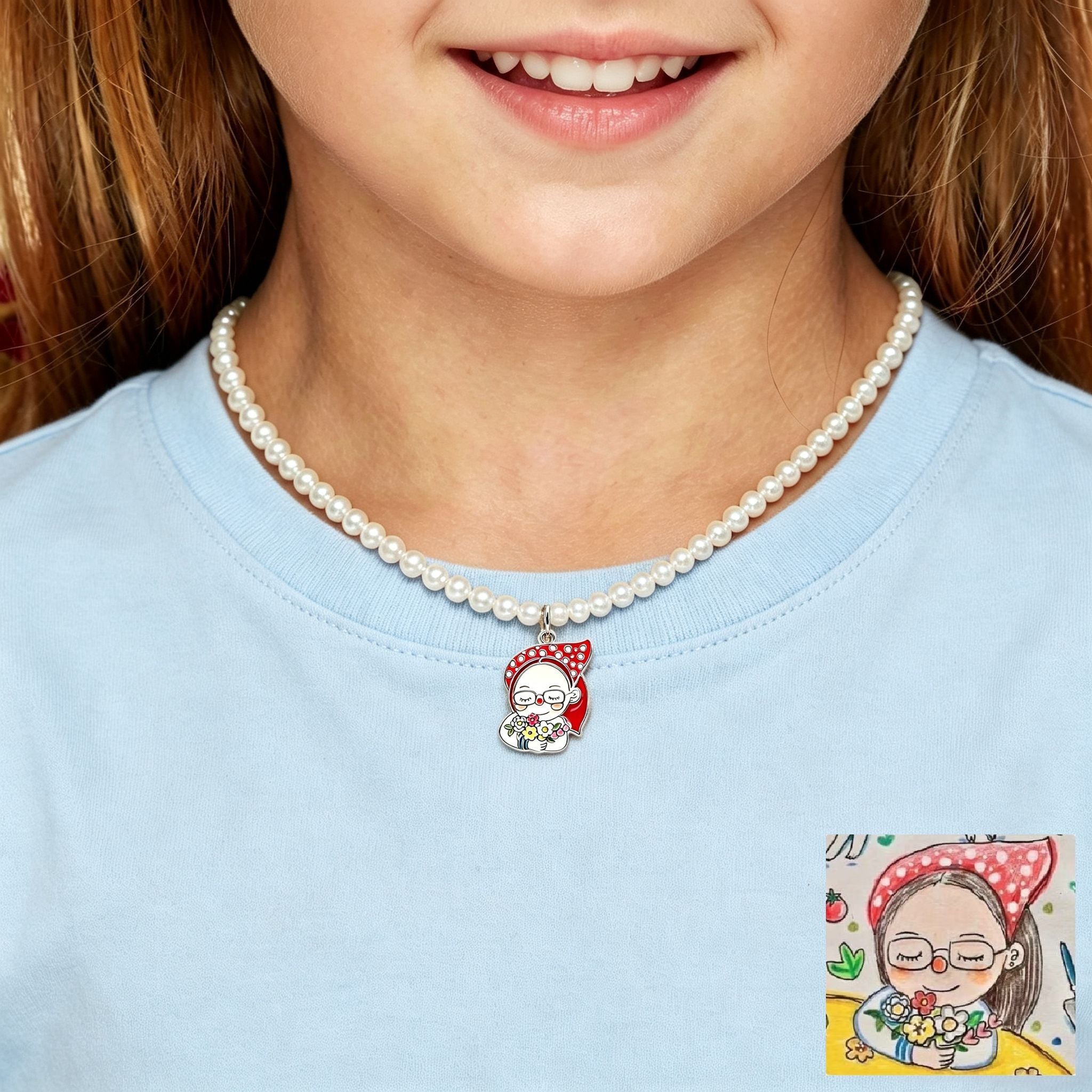 Child's Drawing Custom Enamel Pendant – Pearl Necklace